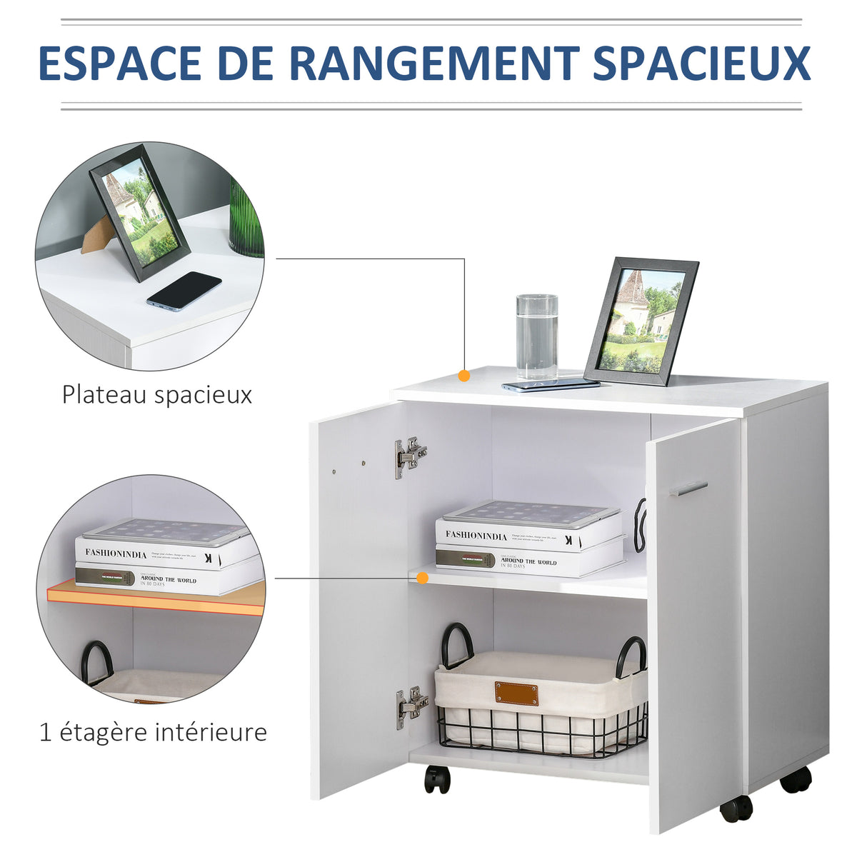 Meuble de Rangement Buffet bas sur roulettes avec 2 Portes étagère Interne pour salon, chambre, bureau 60 x 35 x 65 cm Blanc-3