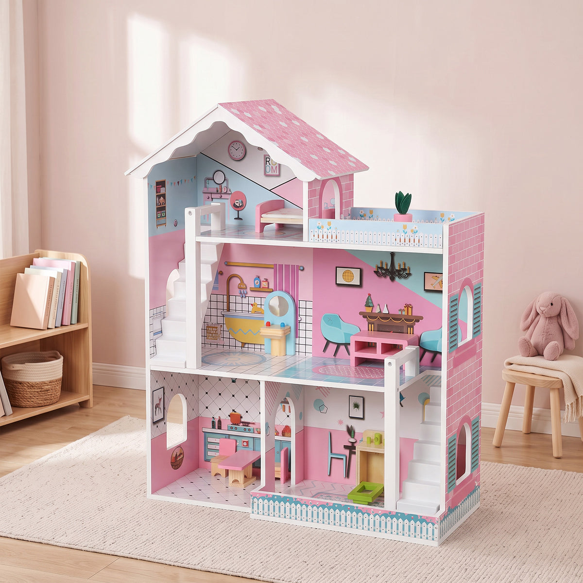 Maison de Poupée en Bois pour Enfants, Maison de Rêve Filles à 3 Étages avec Balcon, Escaliers et 10 Accessoires, Rose-8