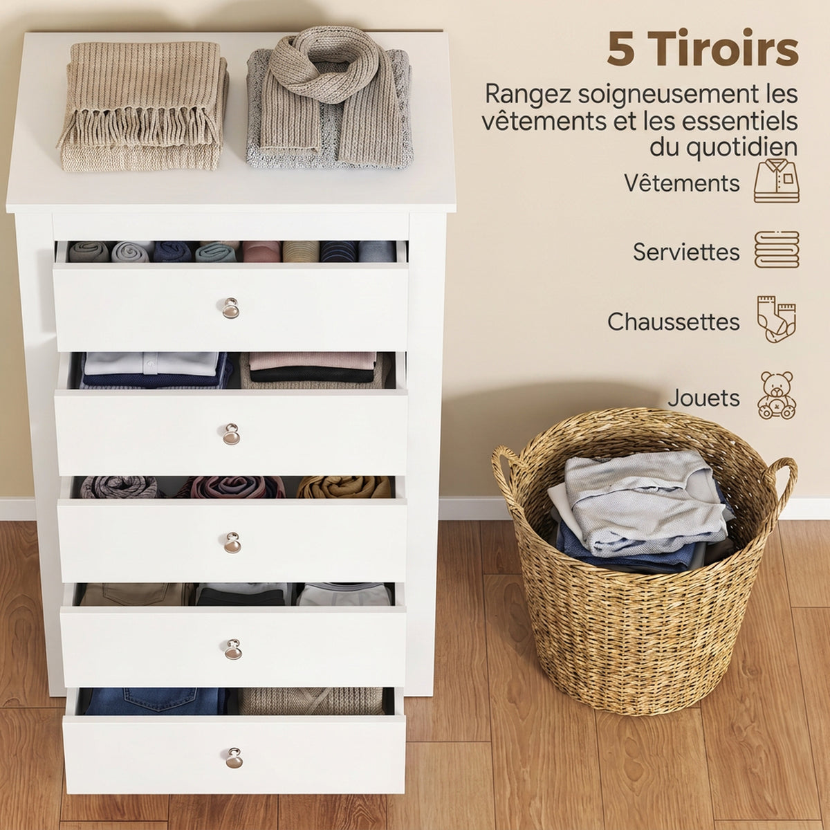 Commode 5 Tiroirs, Meuble de Rangement avec Glissières Fluides, Chiffonnier, Style Moderne, 60 x 39,5 x 95,3 cm, Blanc-3