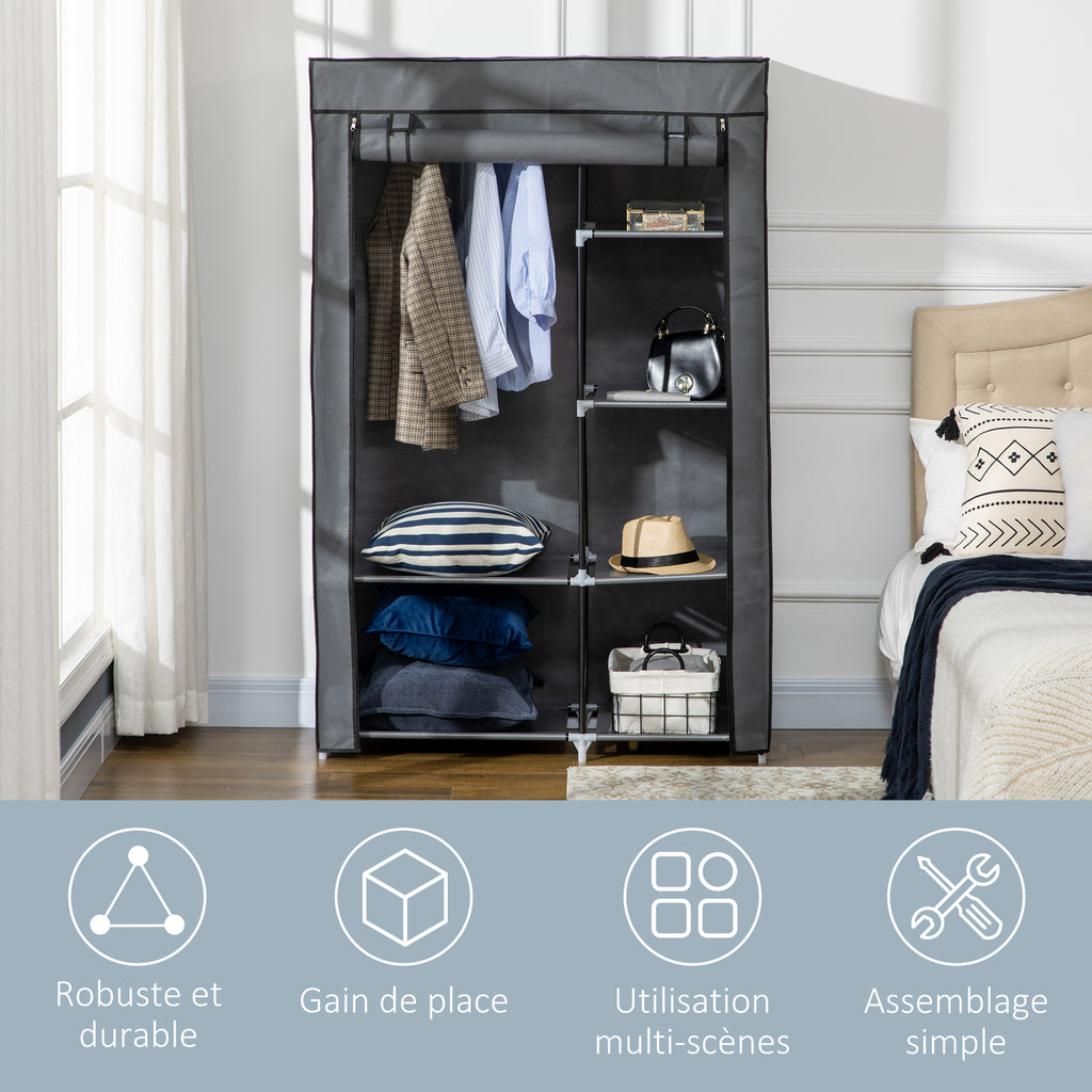 Armoire penderie multi-rangement - 6 étagères, 1 barre - non tissé gris-5