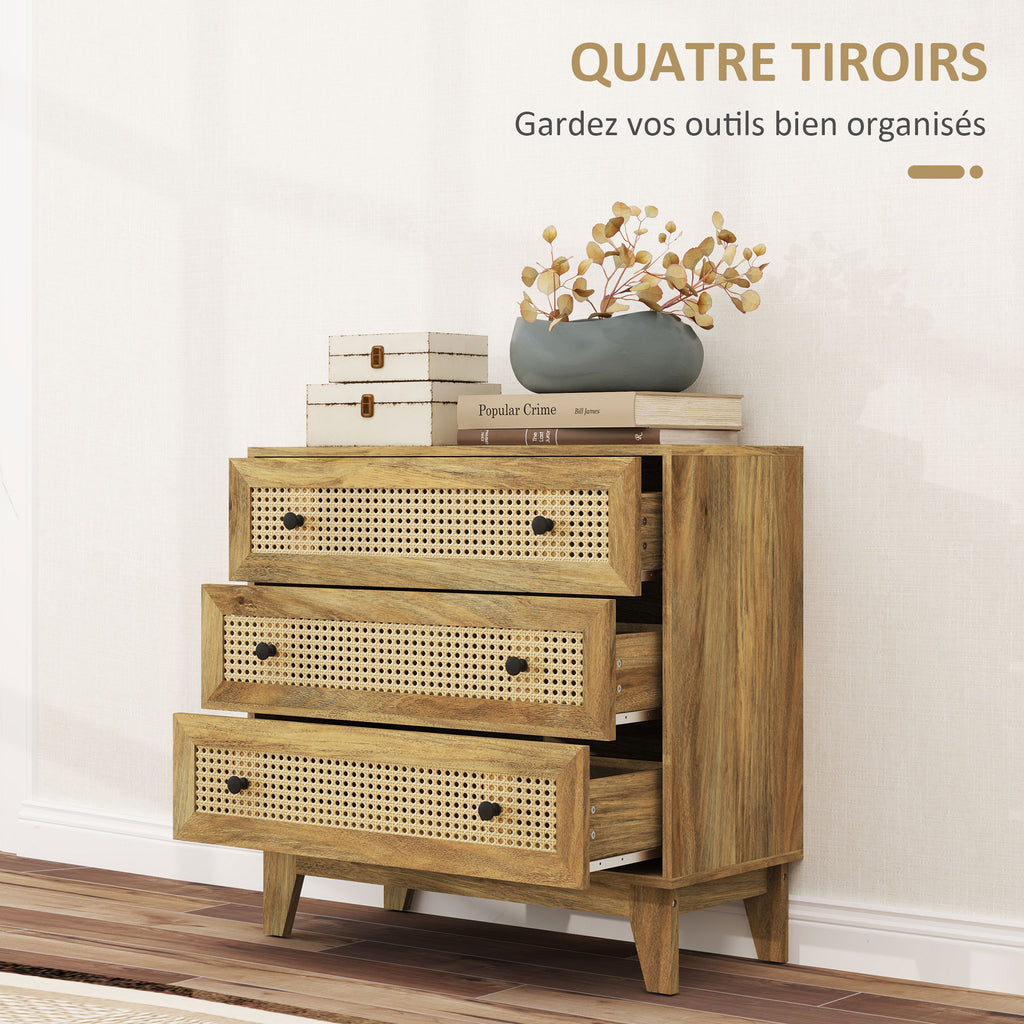 Commode 3 tiroirs meuble de rangement cannage en rotin aspect bois clair 80 x 35 x 76 cm-4