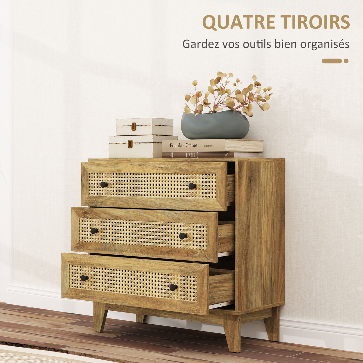 Commode 3 tiroirs meuble de rangement cannage en rotin aspect bois clair 80 x 35 x 76 cm-4
