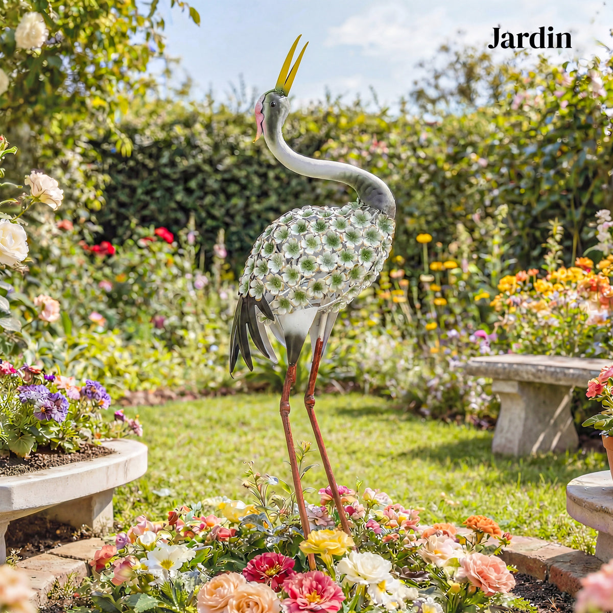 Statues de Jardin, Sculpture de Héron en Métal, Statues d'oiseaux 71 cm, pour Cour, Étang, Terrasse, Vert-7