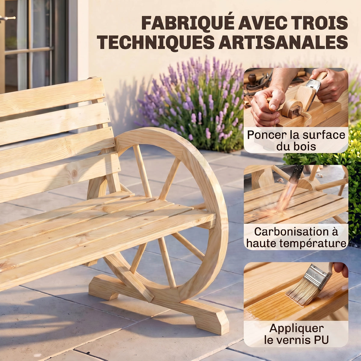 Banc de Jardin banc 3 places en bois Style Rustique Chic accoudoirs Roues Charette Bois Sapin effet bois naturel-4