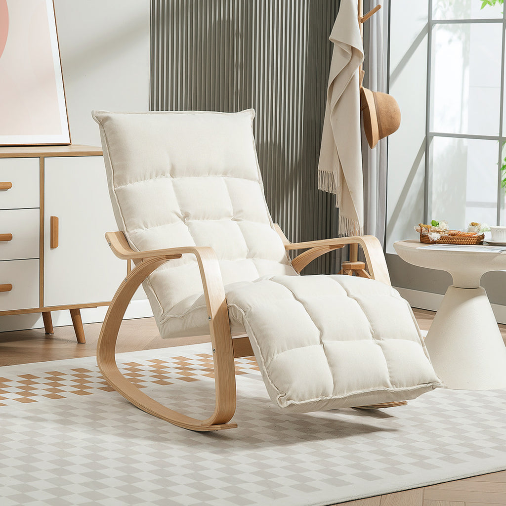Fauteuil à bascule avec repose-pieds ajustable, rocking chair avec pieds en bois de bouleau, 67 x 106-123 x 92 cm, crème-9
