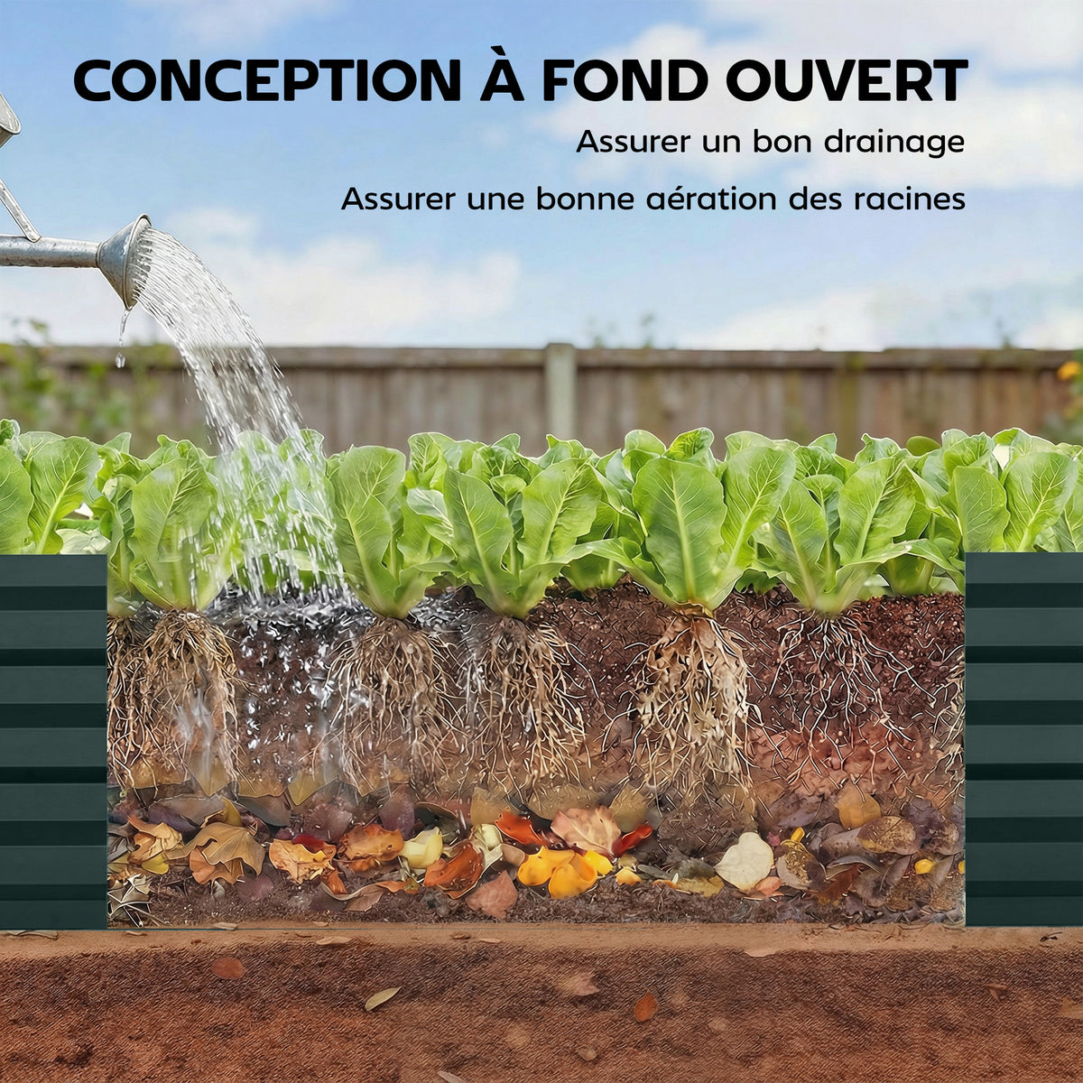 Jardinière rectangulaire potager de jardin en acier galvanisé bordure de sécurité et fond ouvert 150x70x30cm vert-4