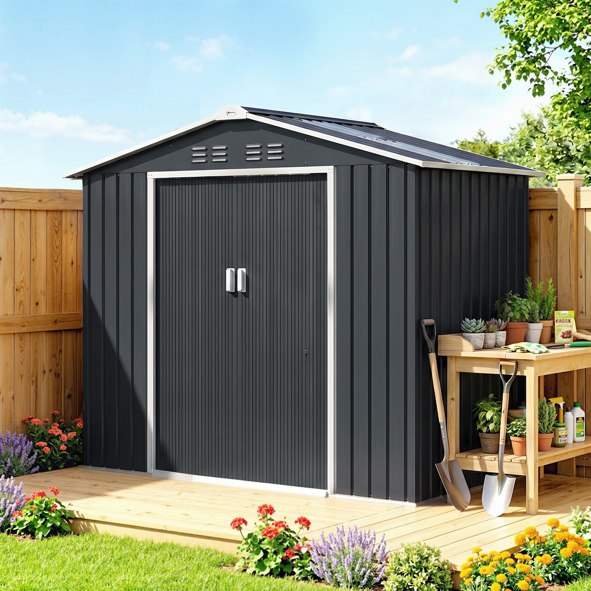 Abri de jardin en métal 2,42 m² cabane de jardin 213 x 130 x 185 cm avec fondation, porte coulissante gris foncé-1
