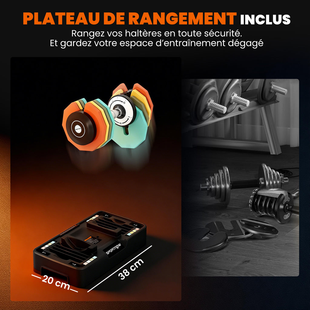 Haltère réglable 5 à 25 kg avec base de rangement 5 niveaux de poids, poignée antidérapante disques d'haltères octogones-6