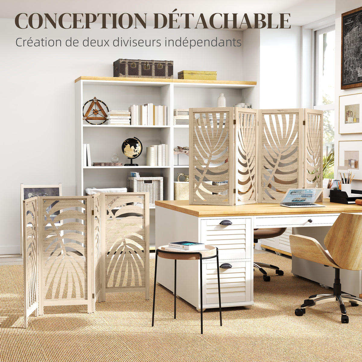 Paravent interieur en bois 4 panneaux 160 x 170 cm, pliable et portable, motif de feuille, design amovible, bois naturel-3