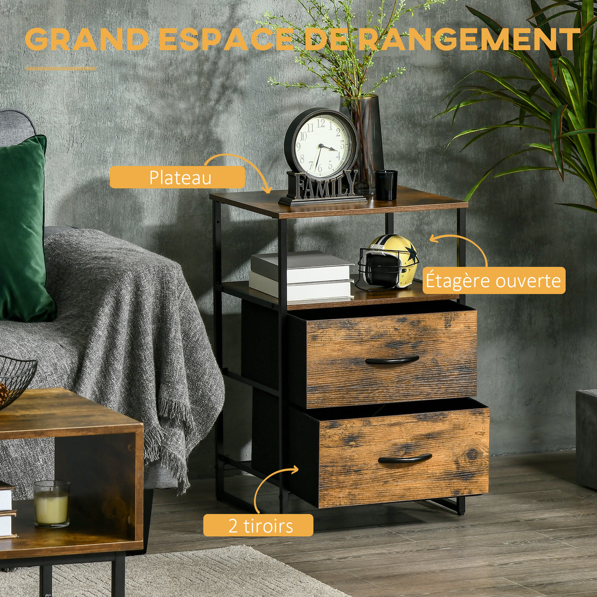 Table de Chevet avec 2 Tiroirs Tissus Table d'appoint petit Meuble de Rangement Style Industriel Commode 2 tiroirs - 45 x 40 x 70,5 cm - Bois et métal-3