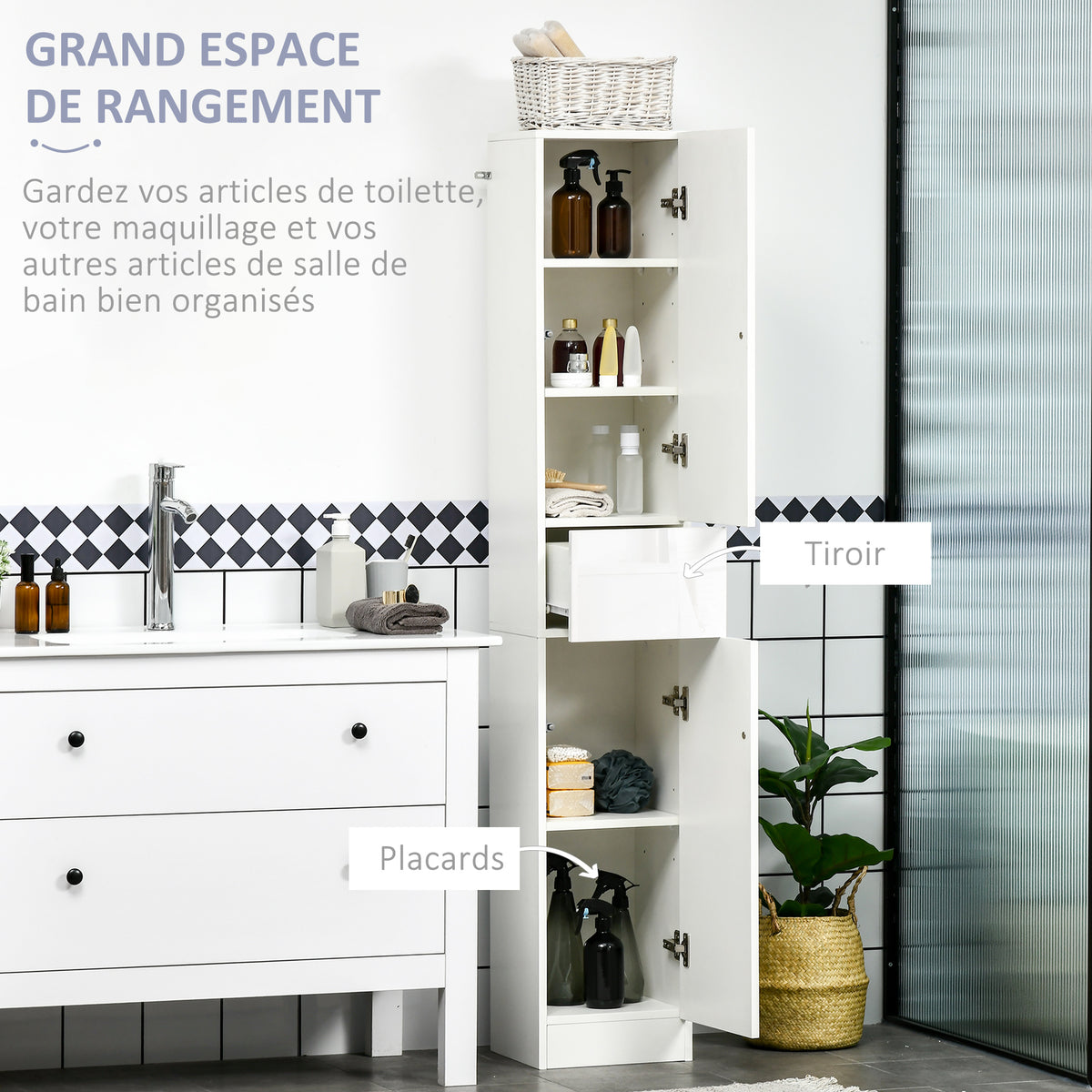 Meuble colonne rangement salle de bain style contemporain 2 placards 3 étagères et 1 tiroir coulissant panneaux particules brillant dim. 30l x 28P x 170H cm blanc laqué-3
