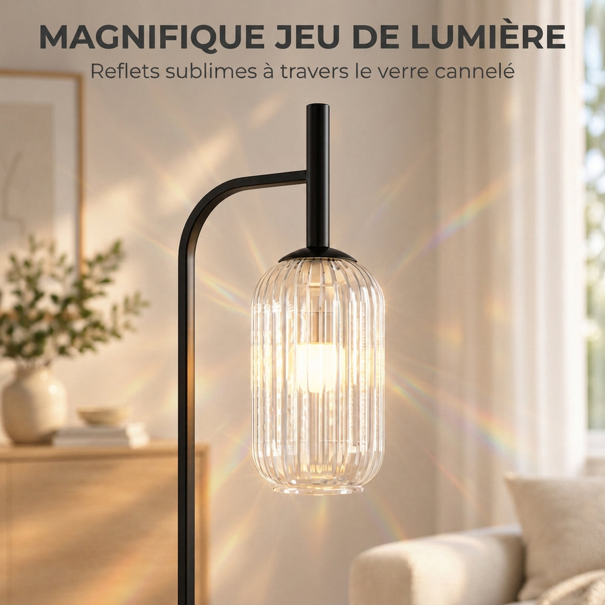 Lampadaire sur pied salon lampe sur pied avec abat-jour en verre texturé interrupteur à pied 29 x 25 x 152 cm métal noir-3