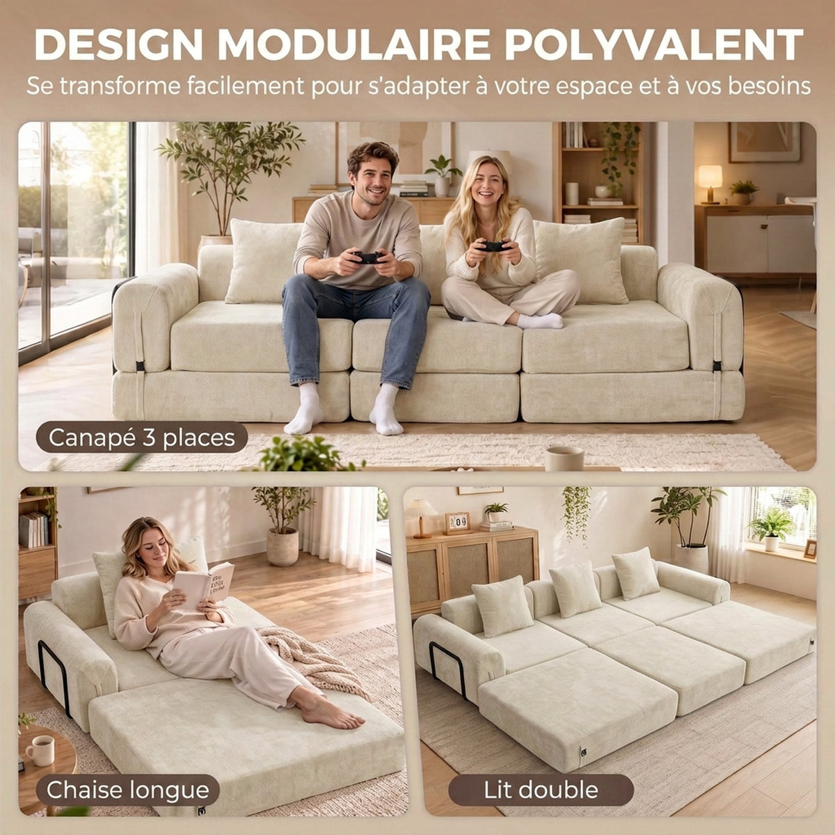 Canapé-Lit Pliable 245 cm, Canapé Compressé 3 Places Modulaire en Chenille avec Assise large, 3 Coussins, Beige-3