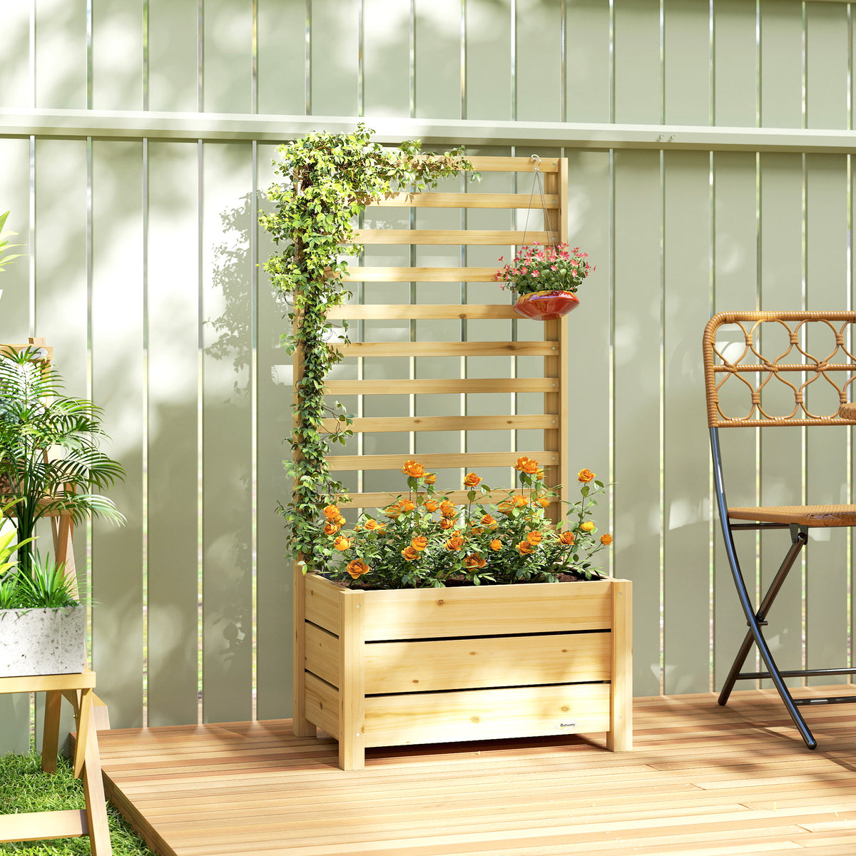 Jardinière avec treillis, bac à fleurs avec brise-vue, trou de drainage et doublure intérieure, 60 x 39 x 120 cm, bois naturel-1