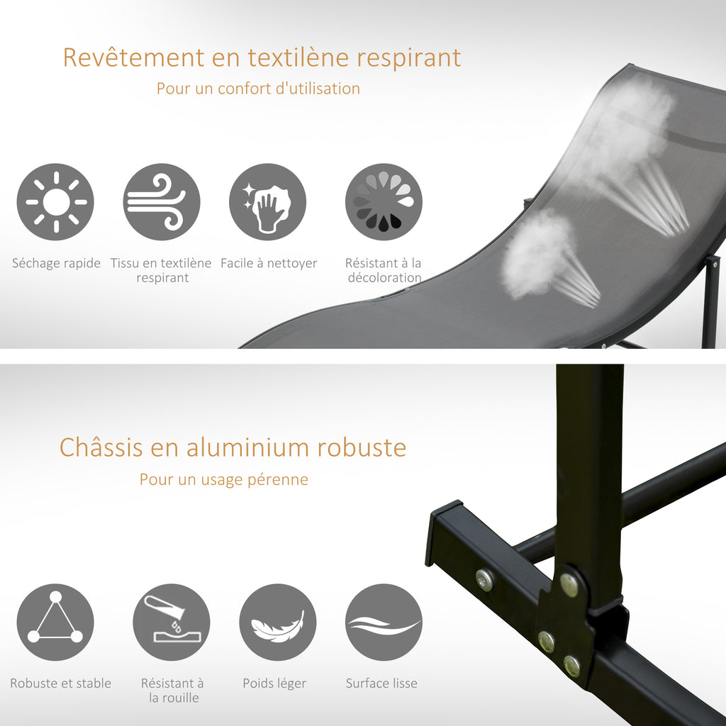 Lot de 2 bains de soleil pliables, chaise longue jardin extérieur en aluminium et textilène anthracite-5