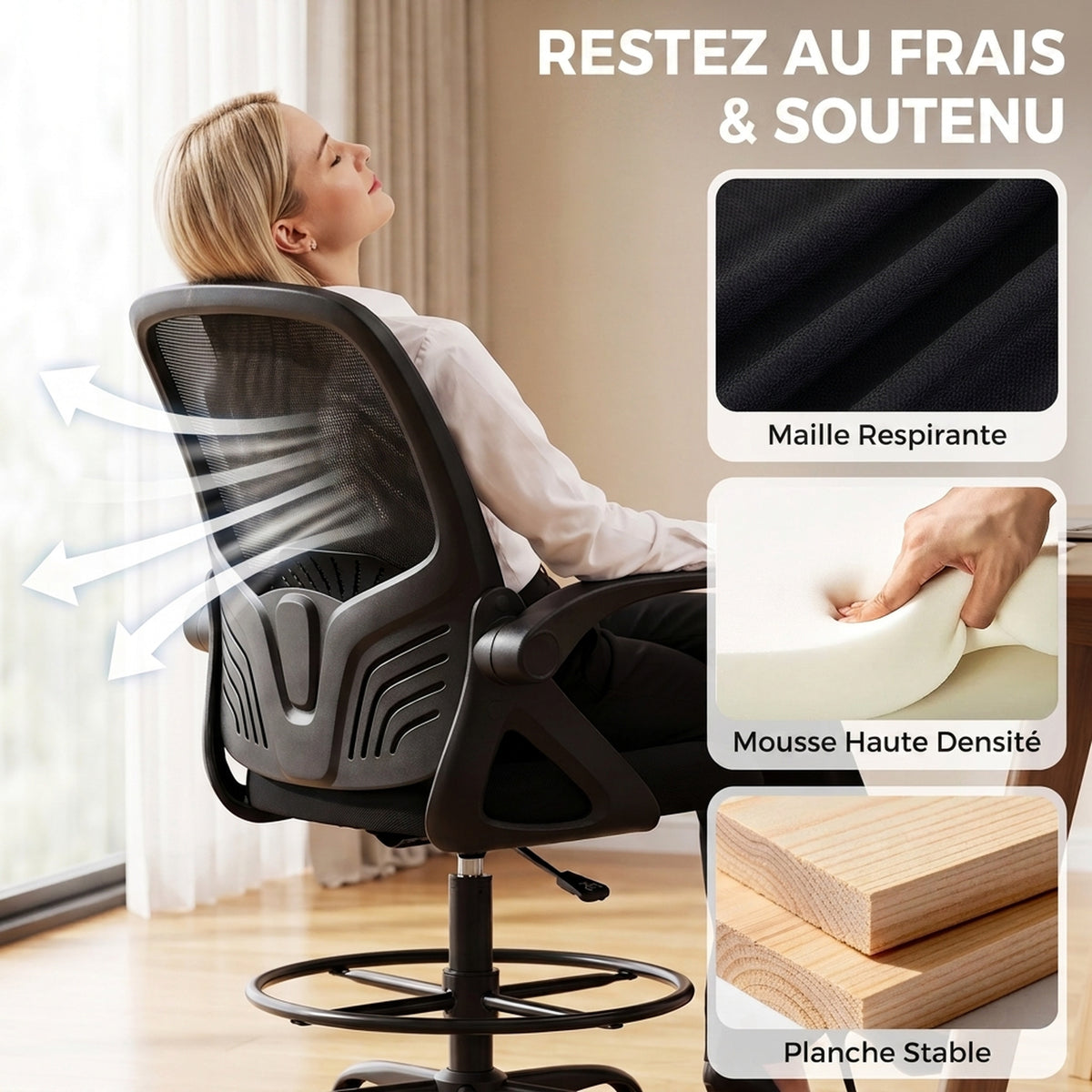 Chaise Bureau Ergonomique avec Soutien Lombaire Réglable, Chaise de Dessin en Maille, Accoudoirs Relevables, Noir-6