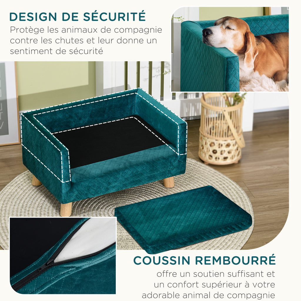Canapé chien lit pour chien design scandinave coussin moelleux pieds bois massif dim. 64 x 45 x 36 cm velours bleu canard-5