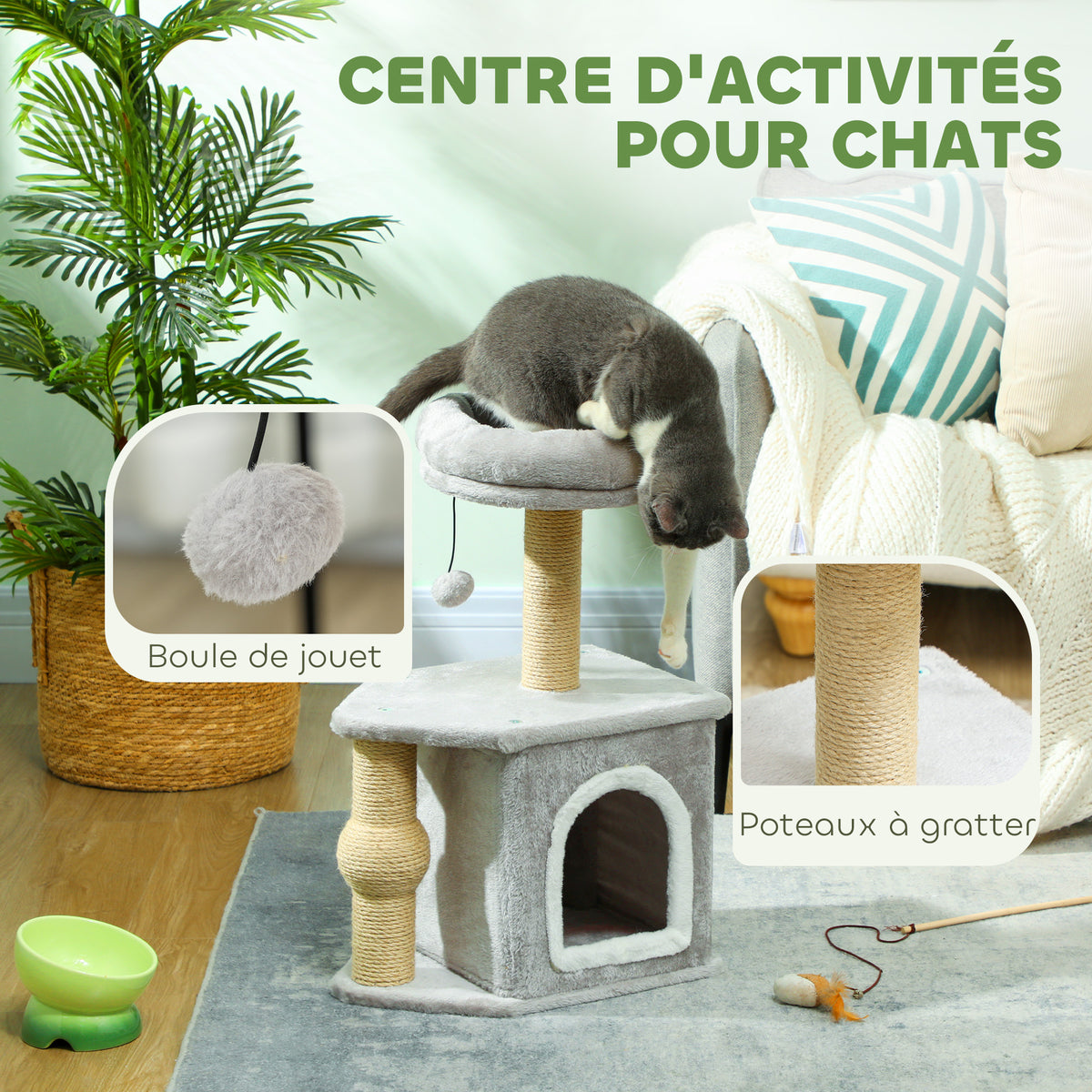 Arbre à chat tour de jeux pour chats, avec poteaux à griffer lit pour chat maison pour chat 42 x 30 x 66 cm gris clair-3
