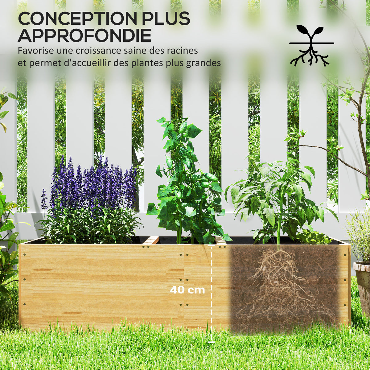Jardinière extérieur, carré potager en bois, 3 compartiments de plantation et doublure inclus, 140x60x40cm, naturel-4