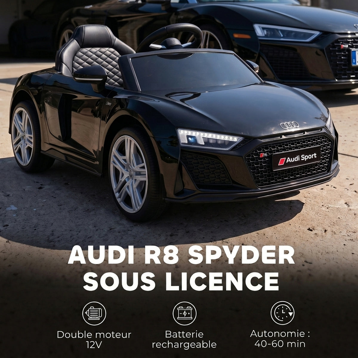Voiture Électrique Enfants 12V Audi R8 Spyder, Véhicule Électrique, 2 Moteurs, Télécommande 2,4G, Batterie Lithium, Noir-3