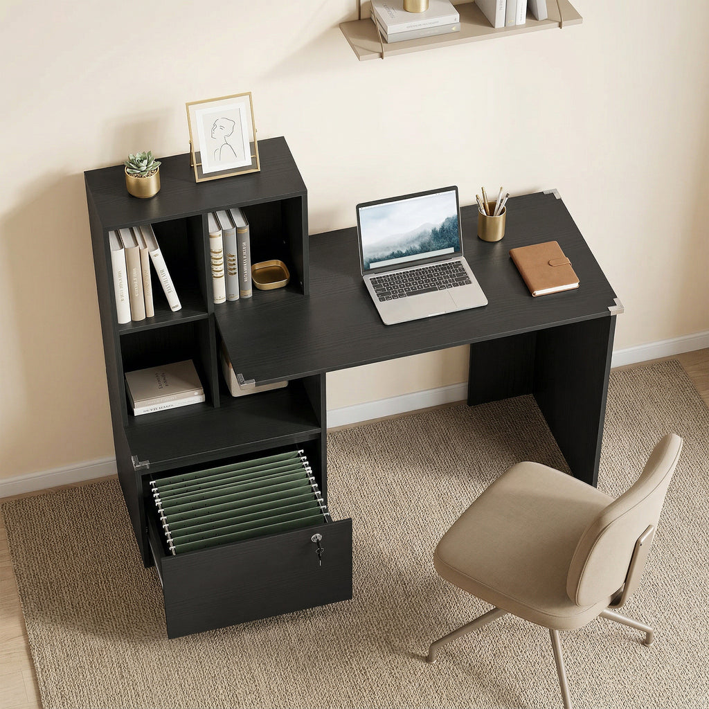 Bureau d'ordinateur avec bibliothèque 4 compartiments et tiroir verrouillable, 126 x 50 x 109 cm, noir-1