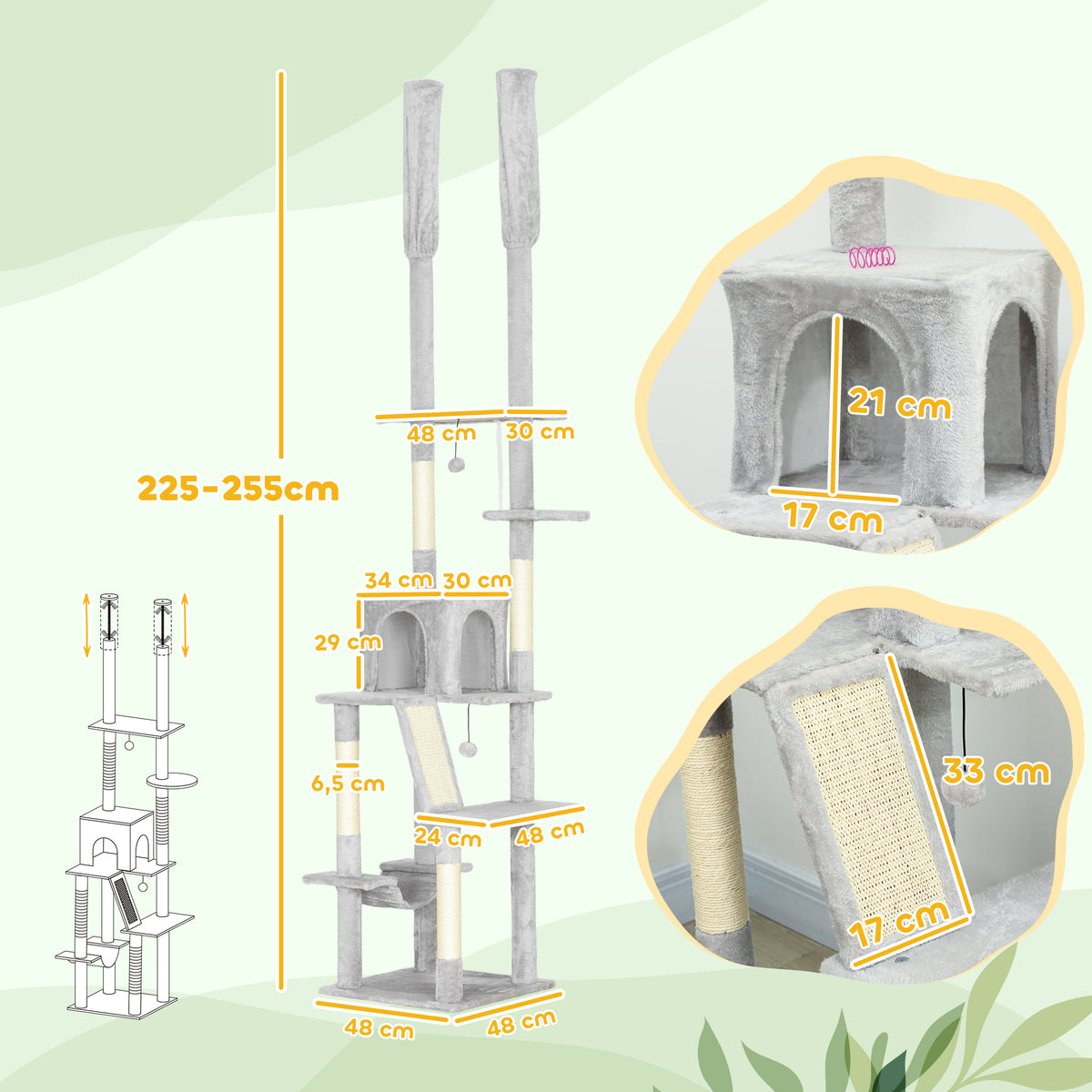 Arbre à chat du sol au plafond griffoir pour chat hauteur réglable 225-255 cm 6 niveaux avec niche hamac gris clair-2