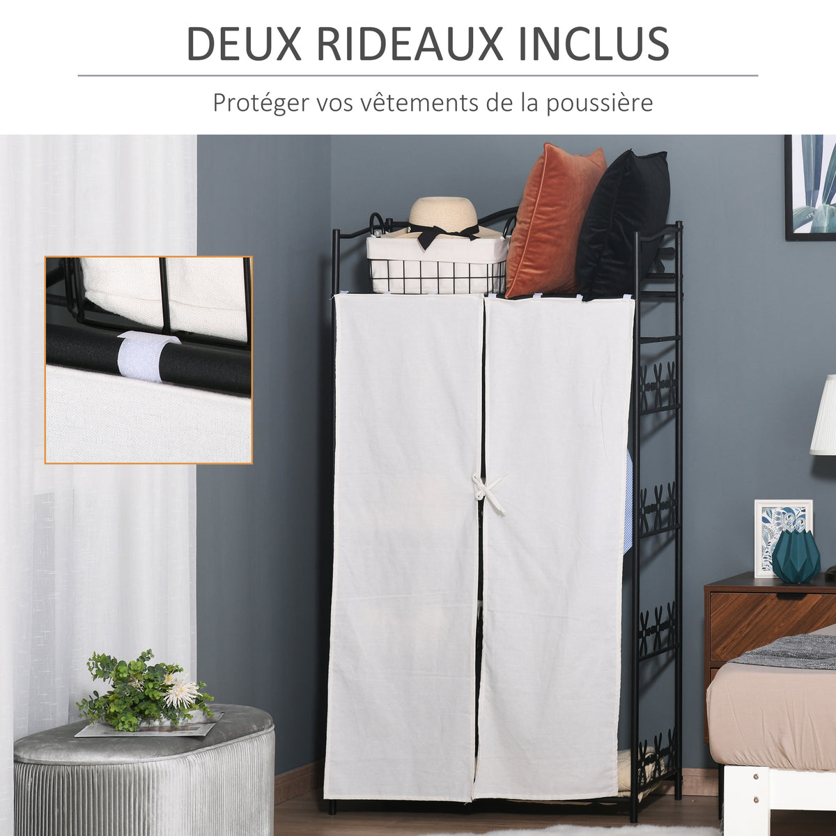 Armoire Chambre adulte Penderie Vêtement Dressing Multi Rangements 5 étagères 84L x 42l x 159H cm métal Noir 2 Rideaux Blanc-4