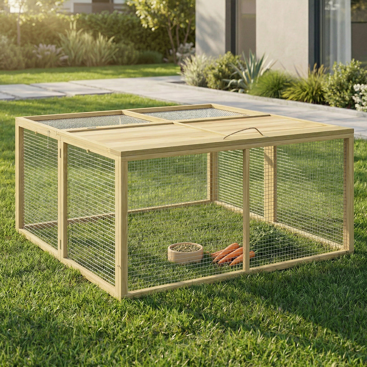 Enclos Lapin Extérieur Cage Lapin Intérieur Pliable Toit Ouvrant Total Poignée 1,44㎡ 120x120x57cm Naturel-1