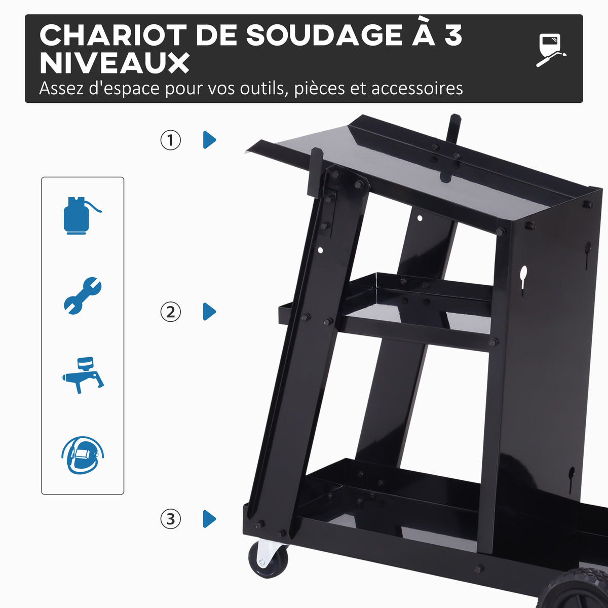 Chariot de soudage mobile à 3 niveaux avec 4 roues, porte-bouteille de gaz et chaînes de sécurité, charge 50 KG, noir-3