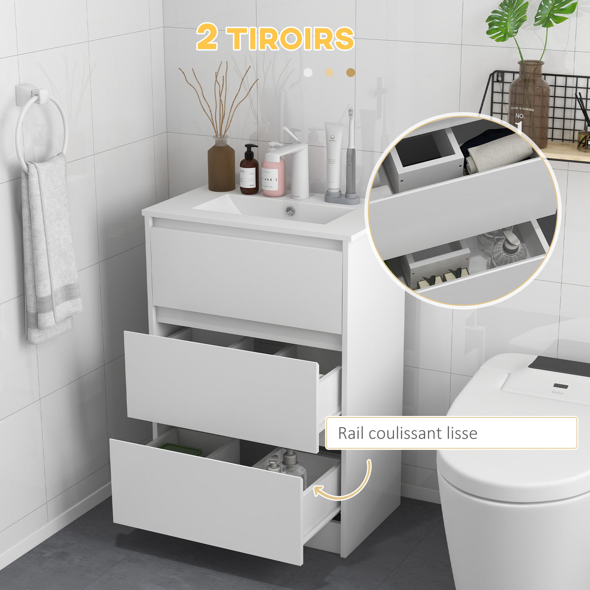 Meuble de salle de bain avec 2 tiroirs et vasque en céramique de synthèse 61 x 37 x 88 cm blanc brillant laqué-3