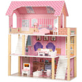 Maison de Poupée en Bois pour Enfants, Maison de Rêve Filles à 3 Étages avec Balcon, Escaliers et 10 Accessoires, Rose-0