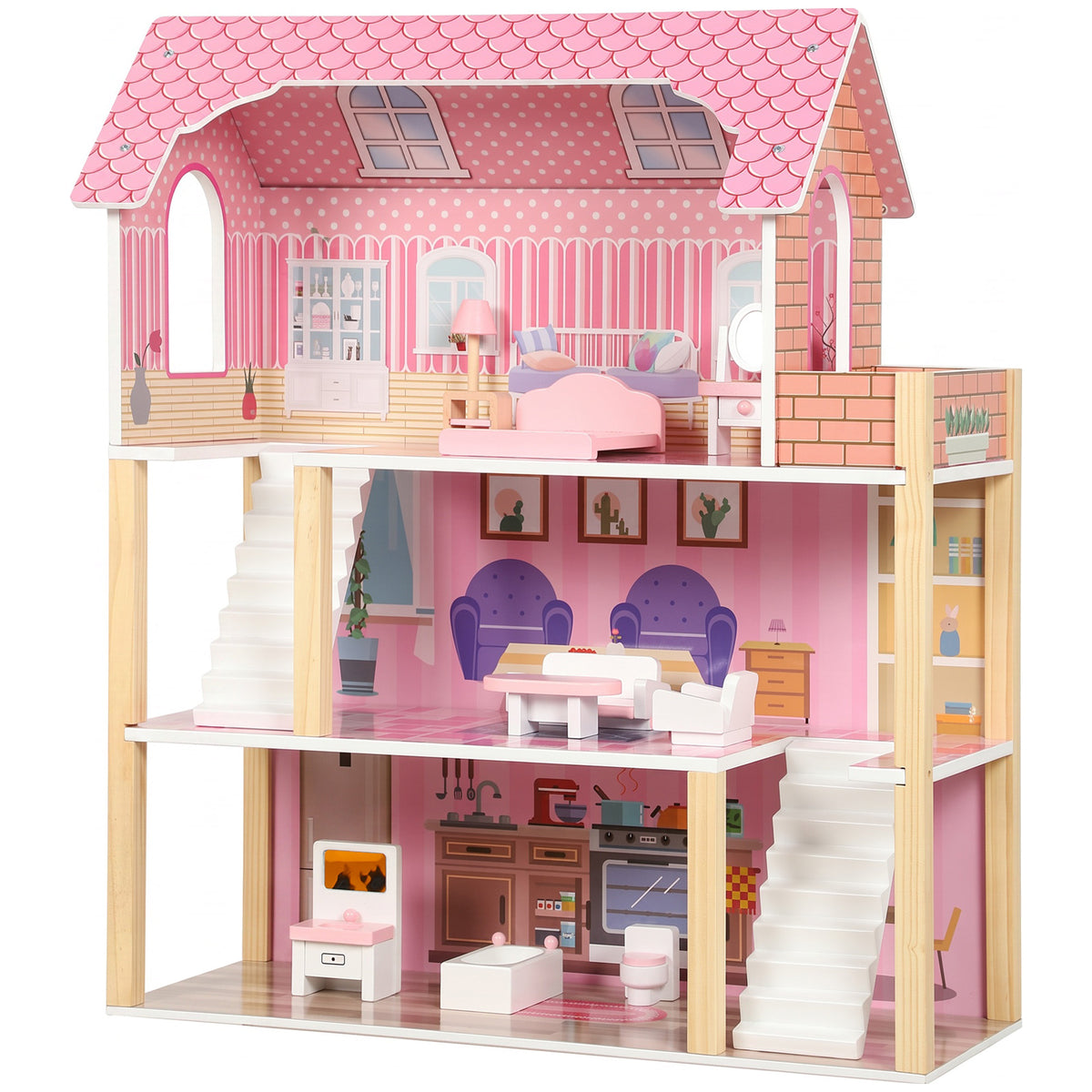 Maison de Poupée en Bois pour Enfants, Maison de Rêve Filles à 3 Étages avec Balcon, Escaliers et 10 Accessoires, Rose-0