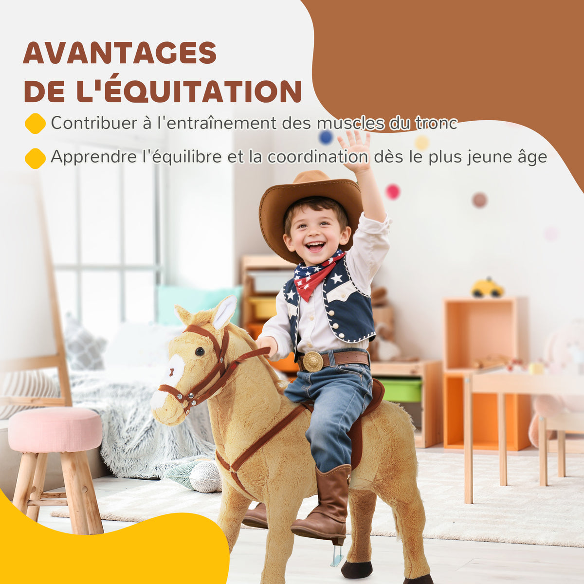 Cheval debout en peluche pour enfant à partir de 2 ans avec effets sonores selle et bride 85 cm (longueur) beige-3