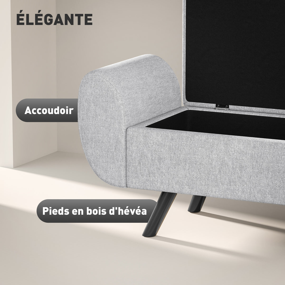 Banc de rangement 53,8L avec siège rembourré en lin et accoudoirs, pour salon, chambre, entrée, 132 x 42 x 50 cm, gris-3