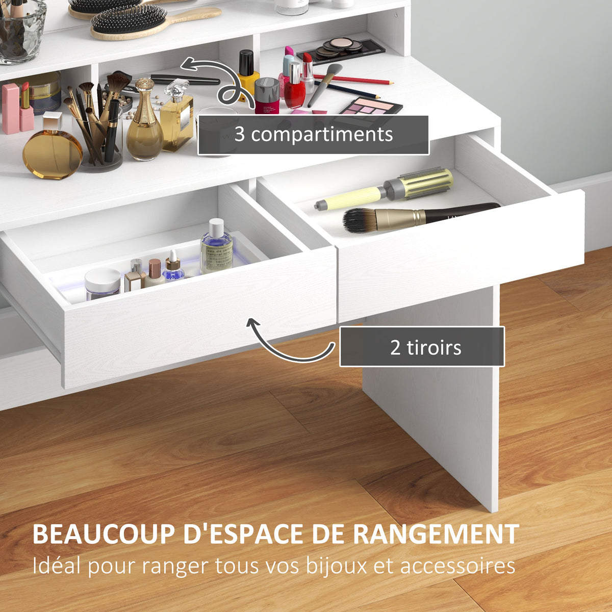 Coiffeuse avec miroir Hollywood, tiroirs, 3 modes d'éclairage, 10 ampoules, 80 x 40 x 135 cm, blanc-4