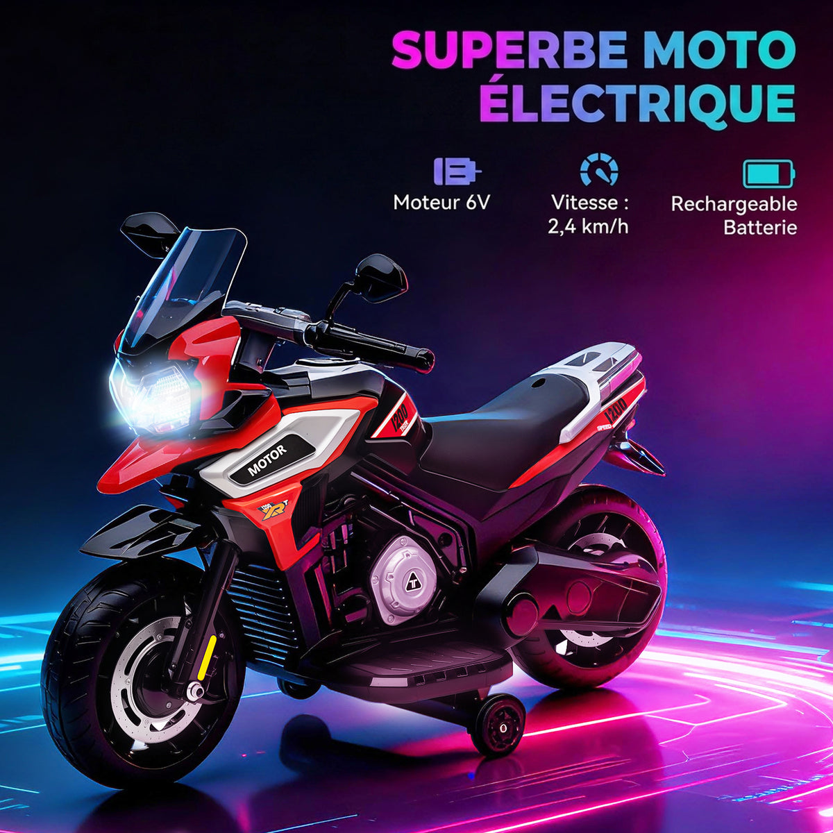 Moto Électrique Enfants 6 V, Voiture Électrique Enfants avec Roues d'Entraînement, Musique, Effets Lumineux, Rouge-3