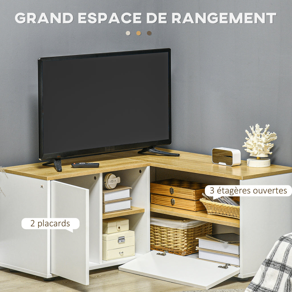 Meuble TV d'angle banc télévision jusqu'à 40 pouces avec rangements aspect bois clair et blanc-4