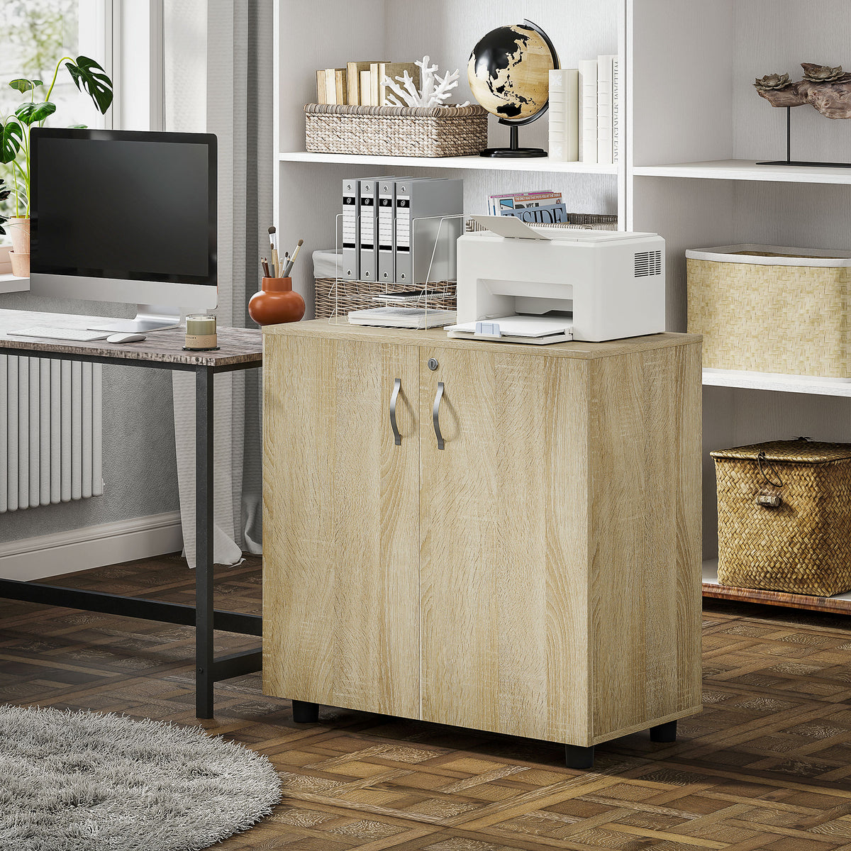 Armoire de bureau à 2 niveaux, meuble de rangement bureau avec 2 portes, serrures et clés, 80x40x80cm, chêne-9