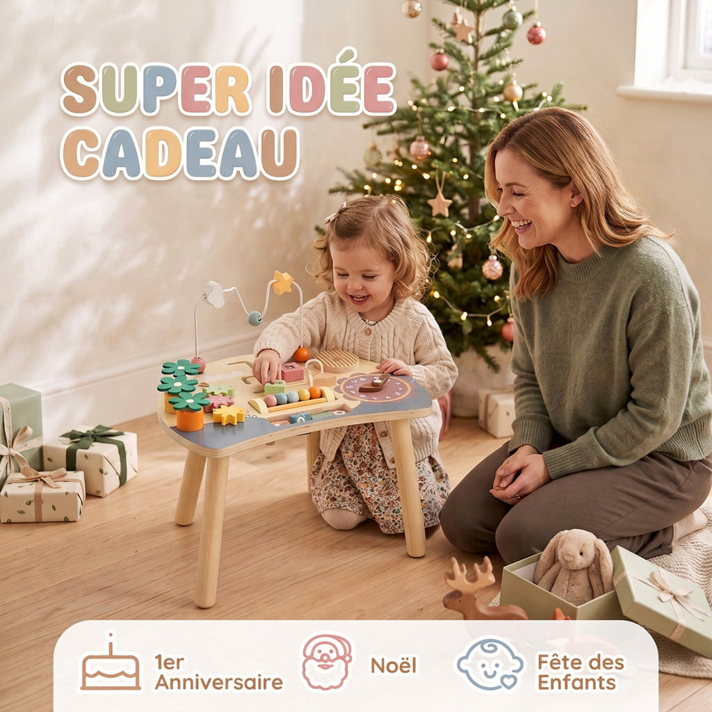Table d'Activités en Bois pour Bébé 1-3 Ans 6 en 1 avec Engrenages, Labyrinthe de Perles, Horloge Rotative et Carottes-6