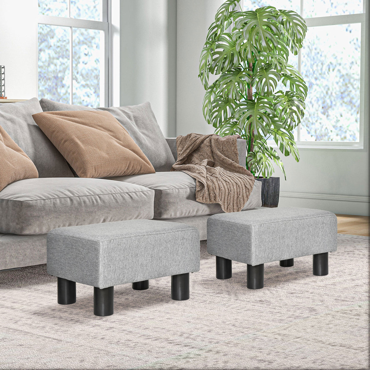 Lot de 2 poufs repose-pied tabouret bas en tissu de lin capacité de charge 150 Kg 40 x 30 x 24 cm gris-1