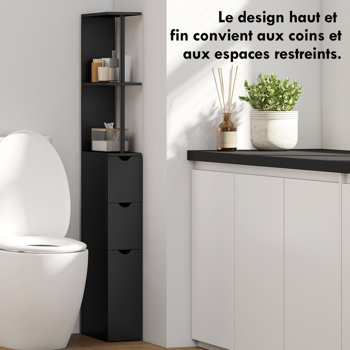 Meuble colonne salle de bain armoire de salle de bain avec tiroirs étagères ouvertes placard 15 x 33 x 136,8 cm noir-4