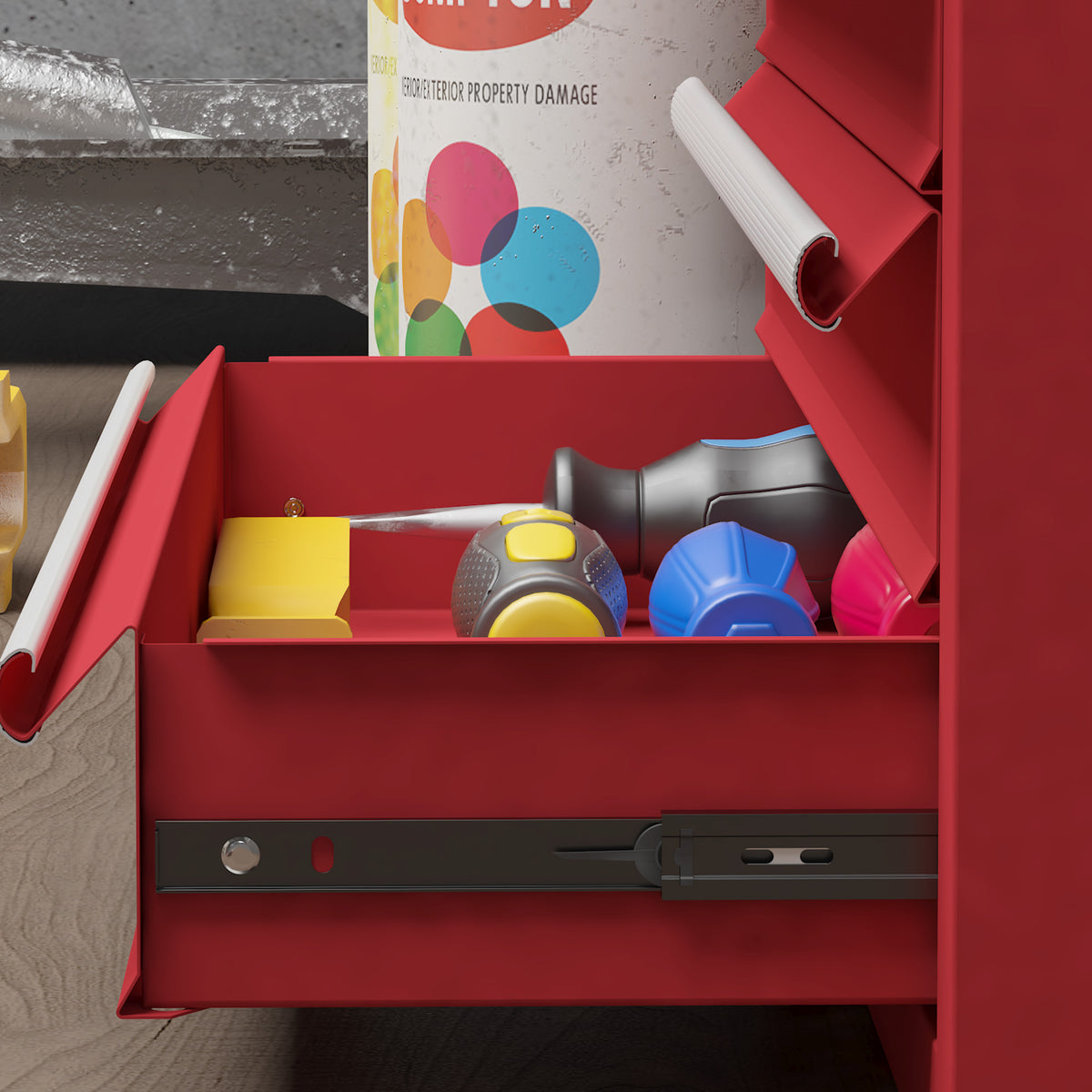 Boite à outils métallique coffret à outils caisse à outils 4 tiroirs + plateau tôle acier 51 x 22 x 39,5 cm rouge-7