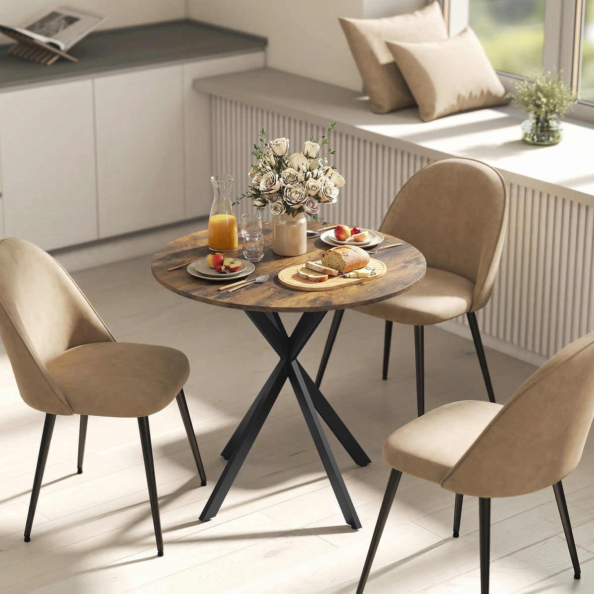 Table à Manger Ronde pour 2 Personnes avec Plateau Aspect Bois et Piètement Croisé en Acier, Brun Rustique-7