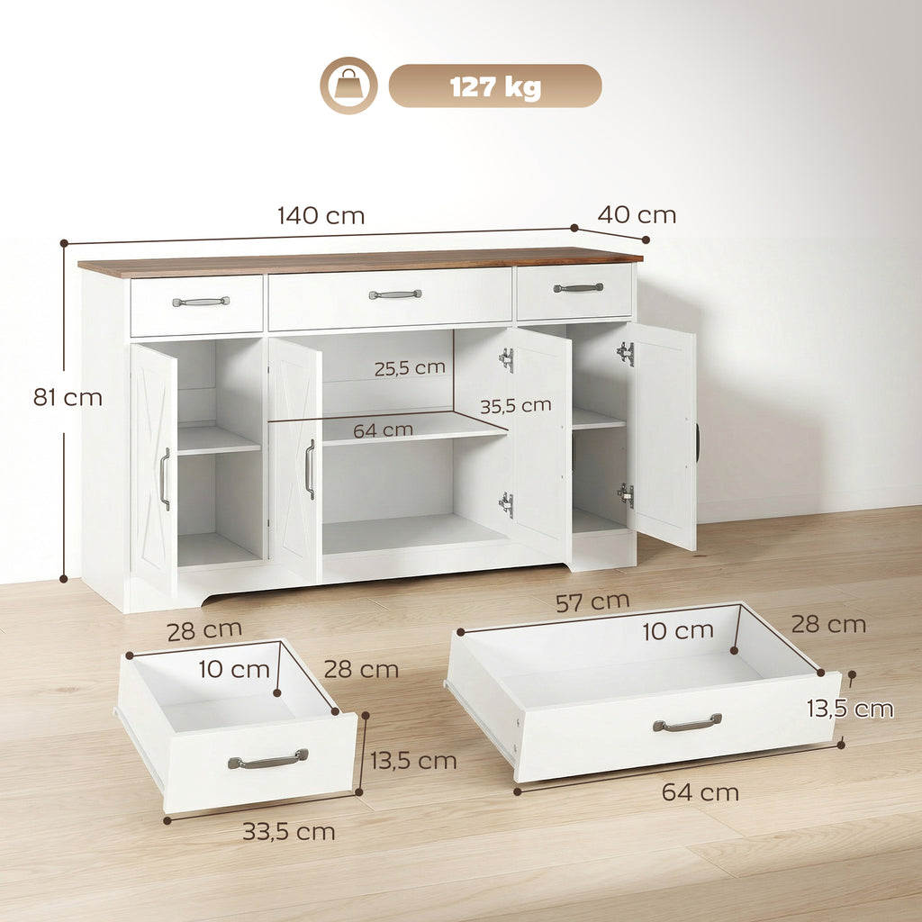 Buffet, meuble de rangement cuisine style ferme avec 4 portes de grange, 3 tiroirs, étagères ajustables, blanc-2