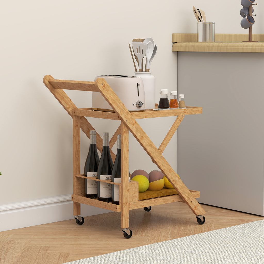 Desserte de cuisine en bambou chariot de service pliable 2 plateaux 4 roues 3 casiers à vin 66 x 40 x 70 cm bois naturel-7