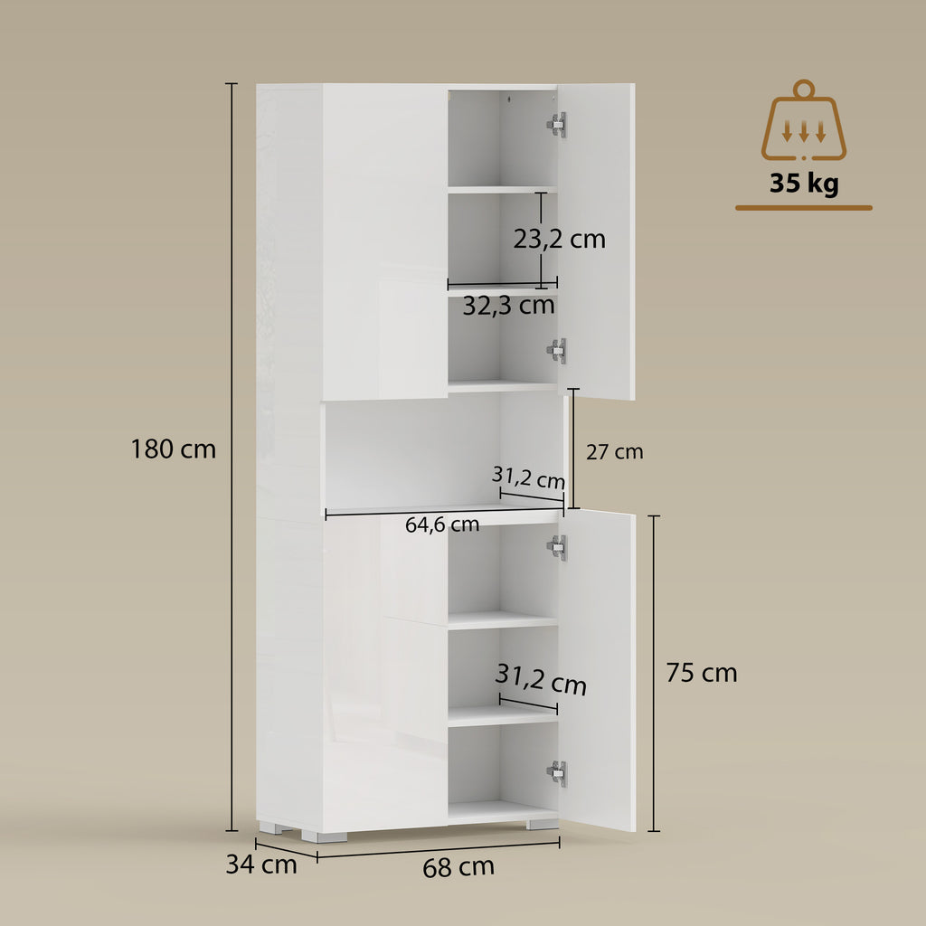 Buffet haut cuisine, armoire de cuisine, 4 portes à fermeture douce et étagères réglables, 68x34x180cm, blanc brillant-2