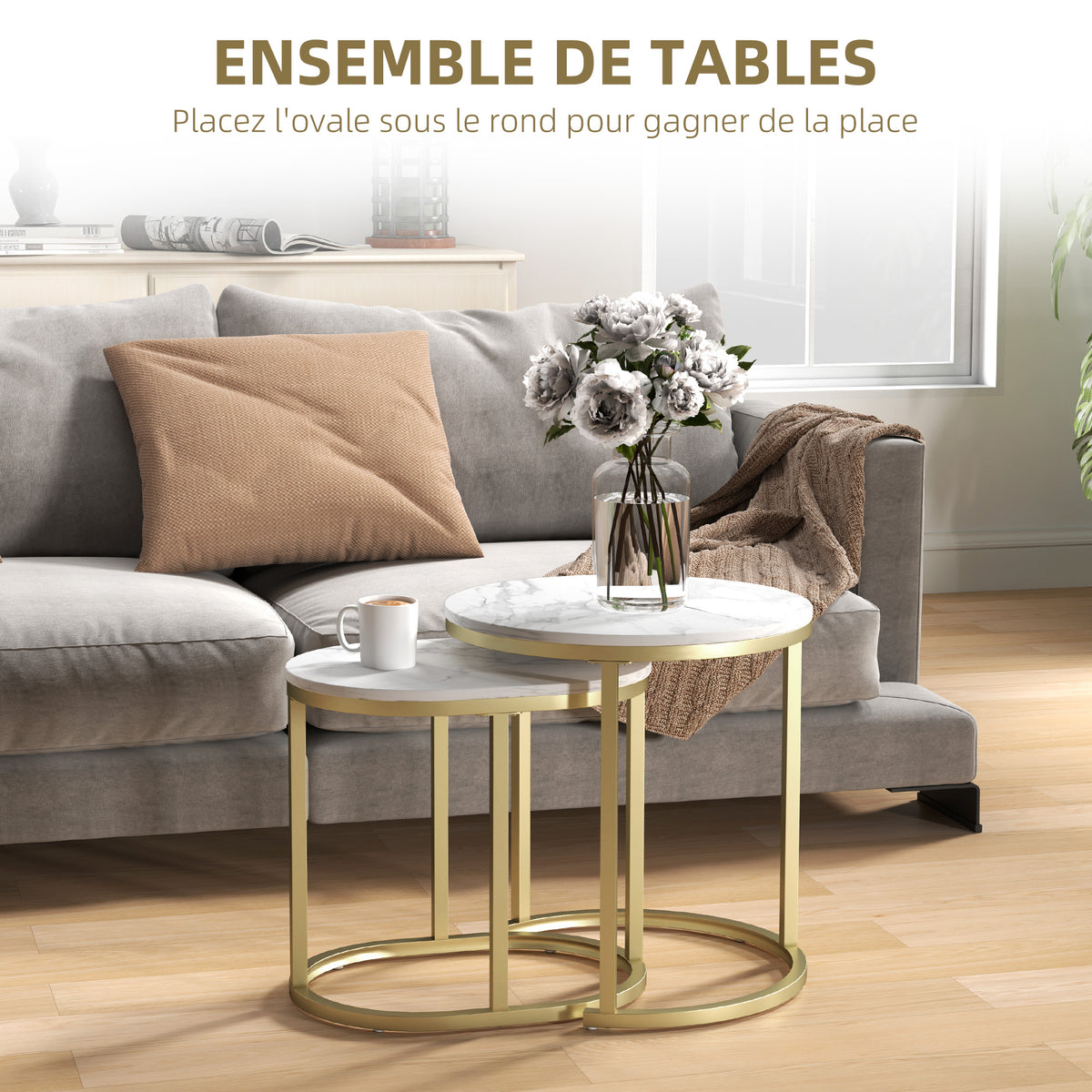 Lot de 2 tables basses tables d'appoint gigognes encastrables structure en acier et plateau en bois aspect marbre or-3