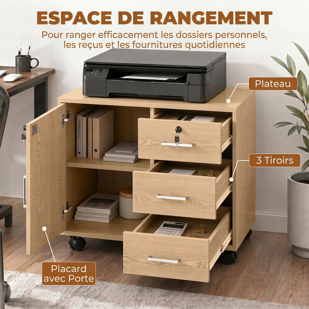 Caisson bureau meuble de rangement verrouillable avec 3 tiroirs et étagère réglable, roulettes, 40 x 60 x 56 cm, marron clair-3