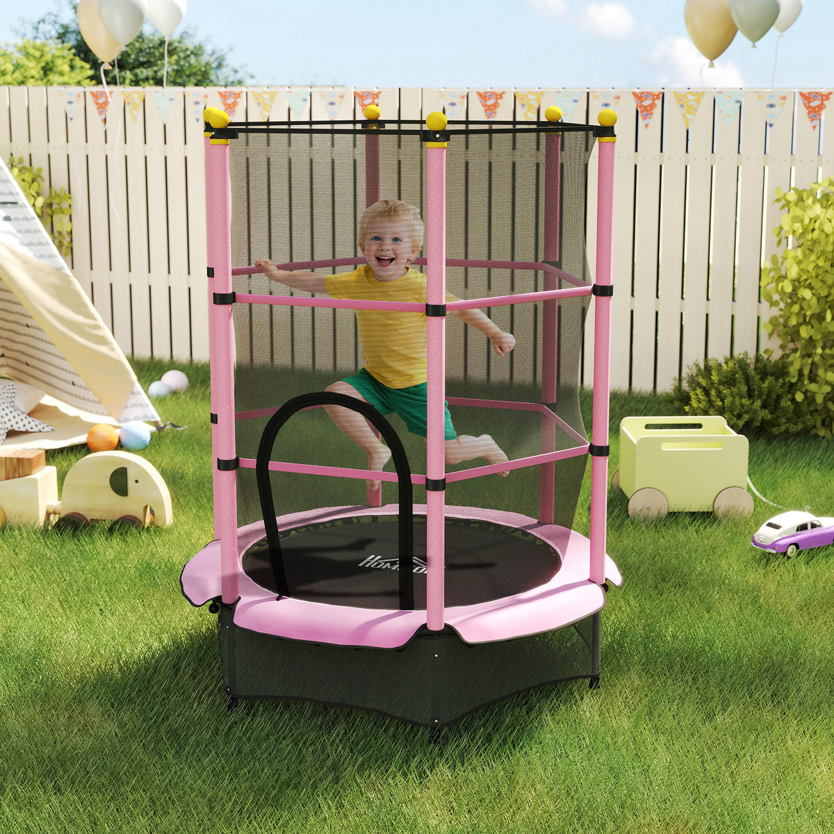 Trampoline Enfant Ø 1,40 × 1,90H m Filet de sécurité Porte zipée Couvre-Ressorts 6 poteaux rembourrés Inclus Rose-1
