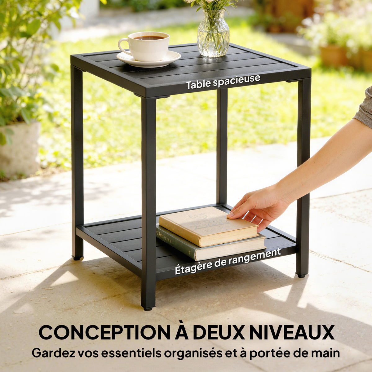Table basse extérieure à 2 niveaux en métal, table de jardin carrée avec étagère de rangement, 45 x 45 x 54 cm, noir-3